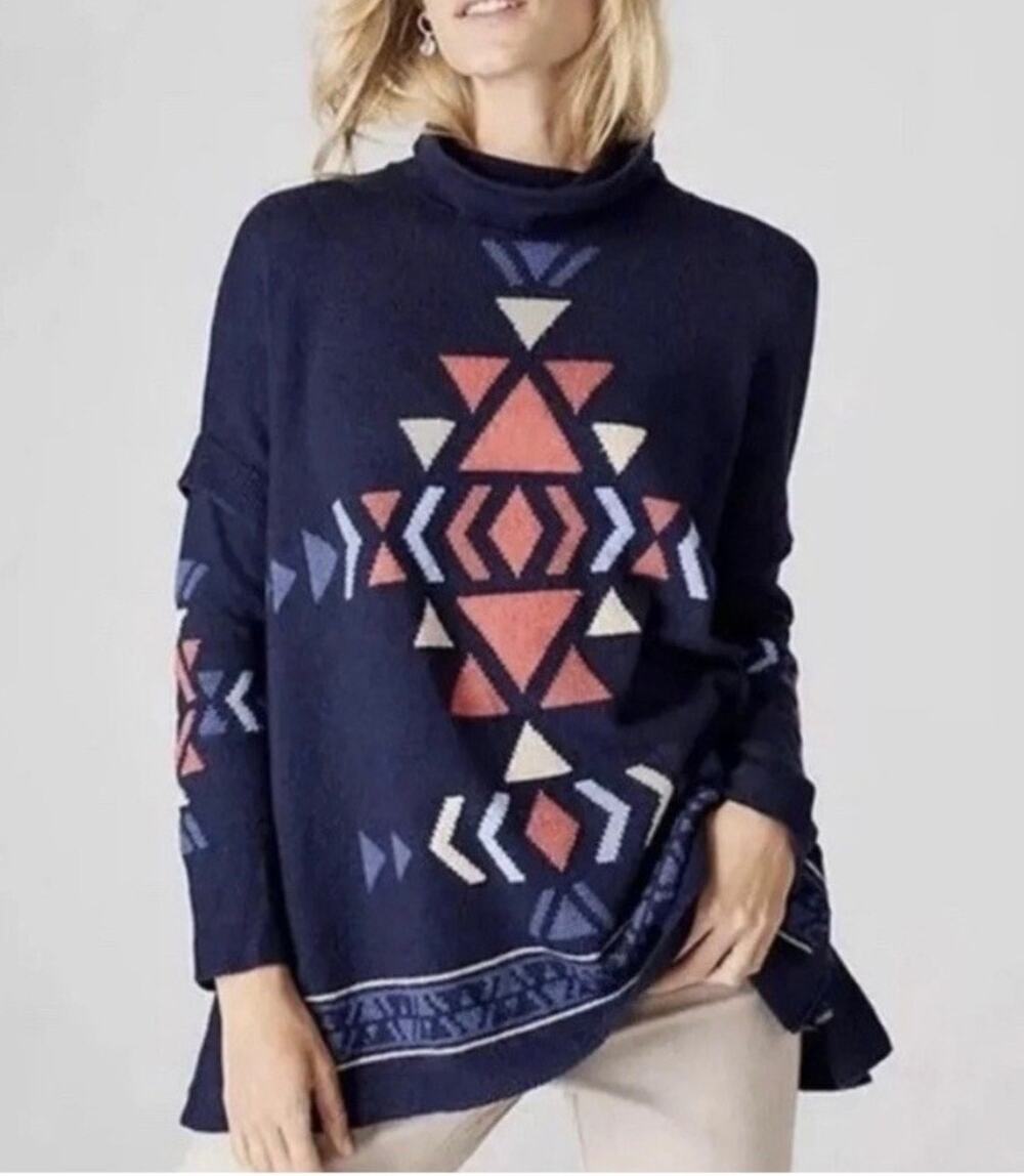 J. Jill Aztec Poncho Sweater Size M Navy Funnel Cowl Neck Southwestern Tunic
